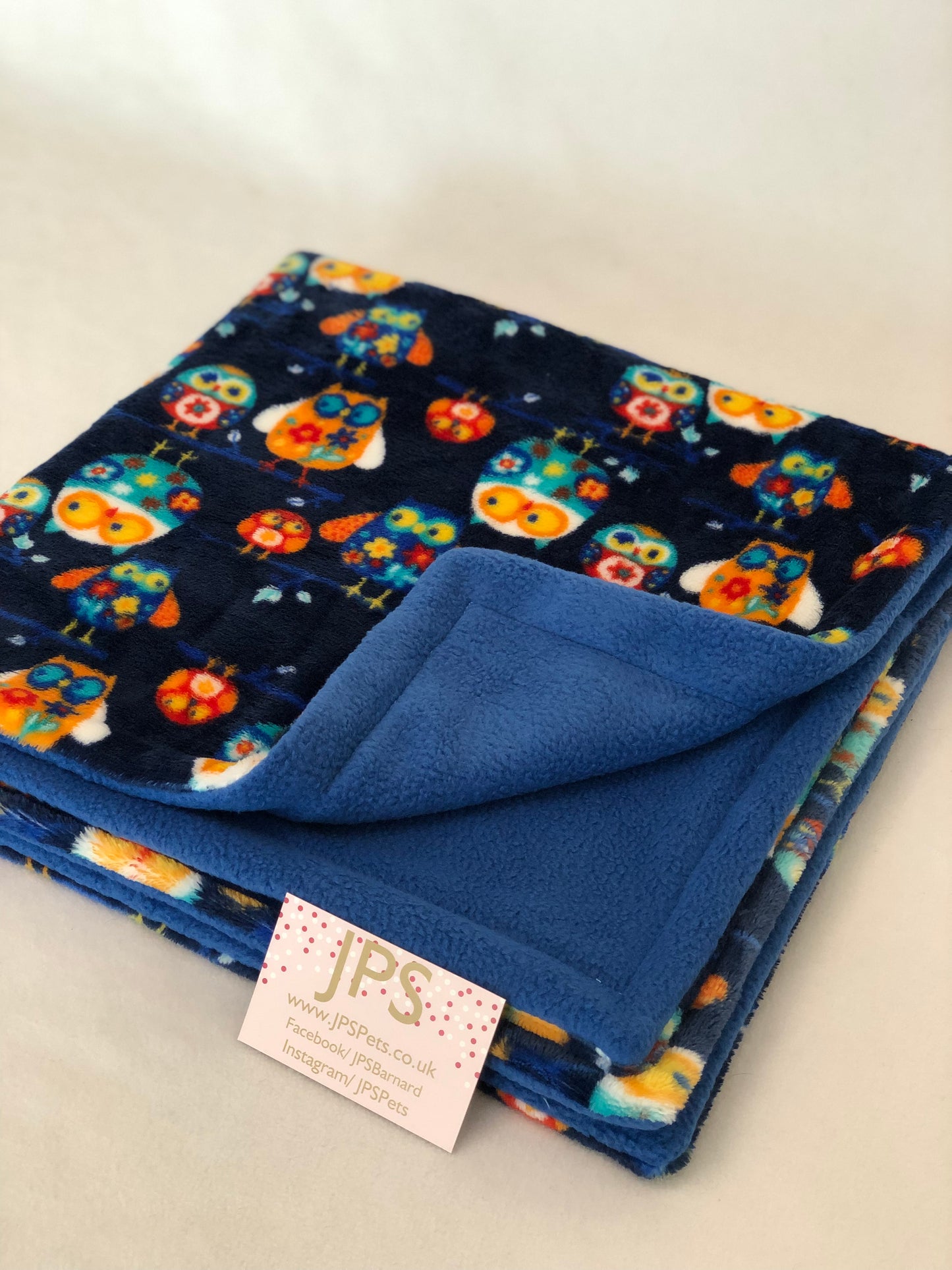 Blanket 28 x 28 inch - Navy Owl cuddle fleece & Royal blue