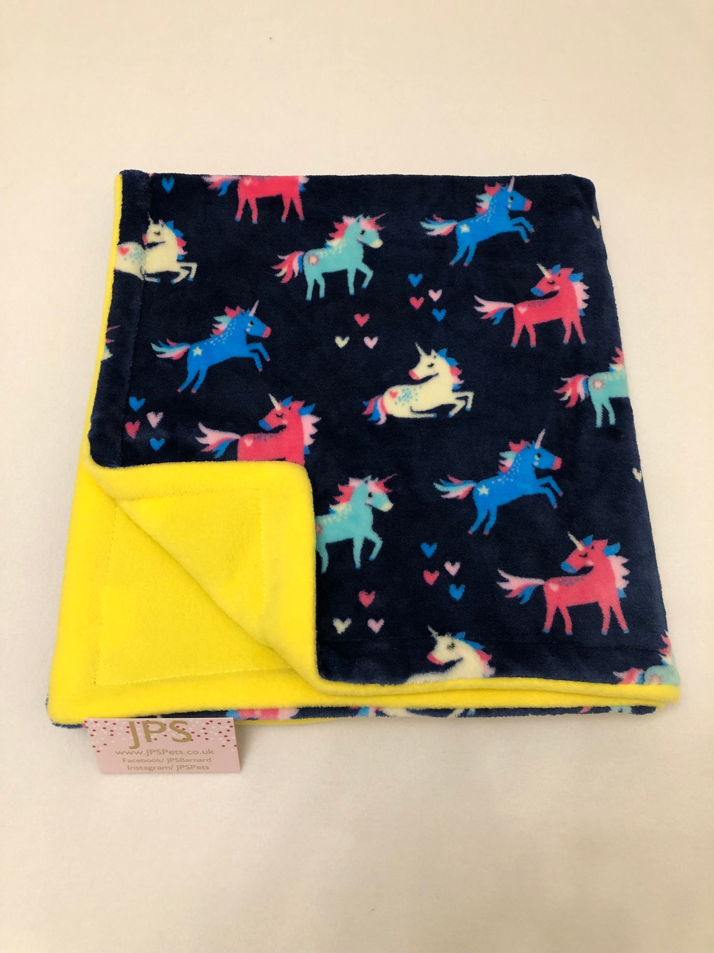 Blanket 28 x 28 inch - navy unicorn cuddle fleece & yellow