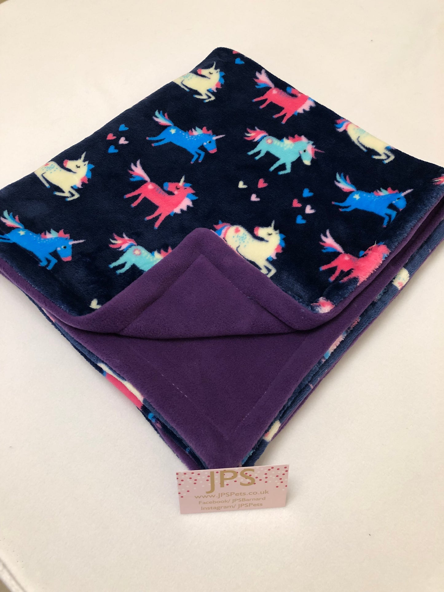 Blanket 28 x 28 inch - navy unicorn cuddle fleece & purple