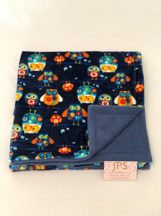 Blanket 28 x 28 inch - Navy Owl cuddle fleece & Denim Blue