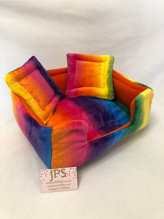 Sofa 13 x 11 x 5” inch - Rainbow Cuddle fleece & Orange