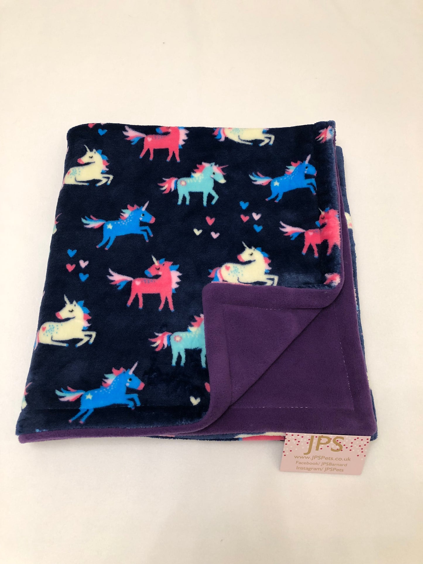 Blanket 28 x 28 inch - navy unicorn cuddle fleece & purple