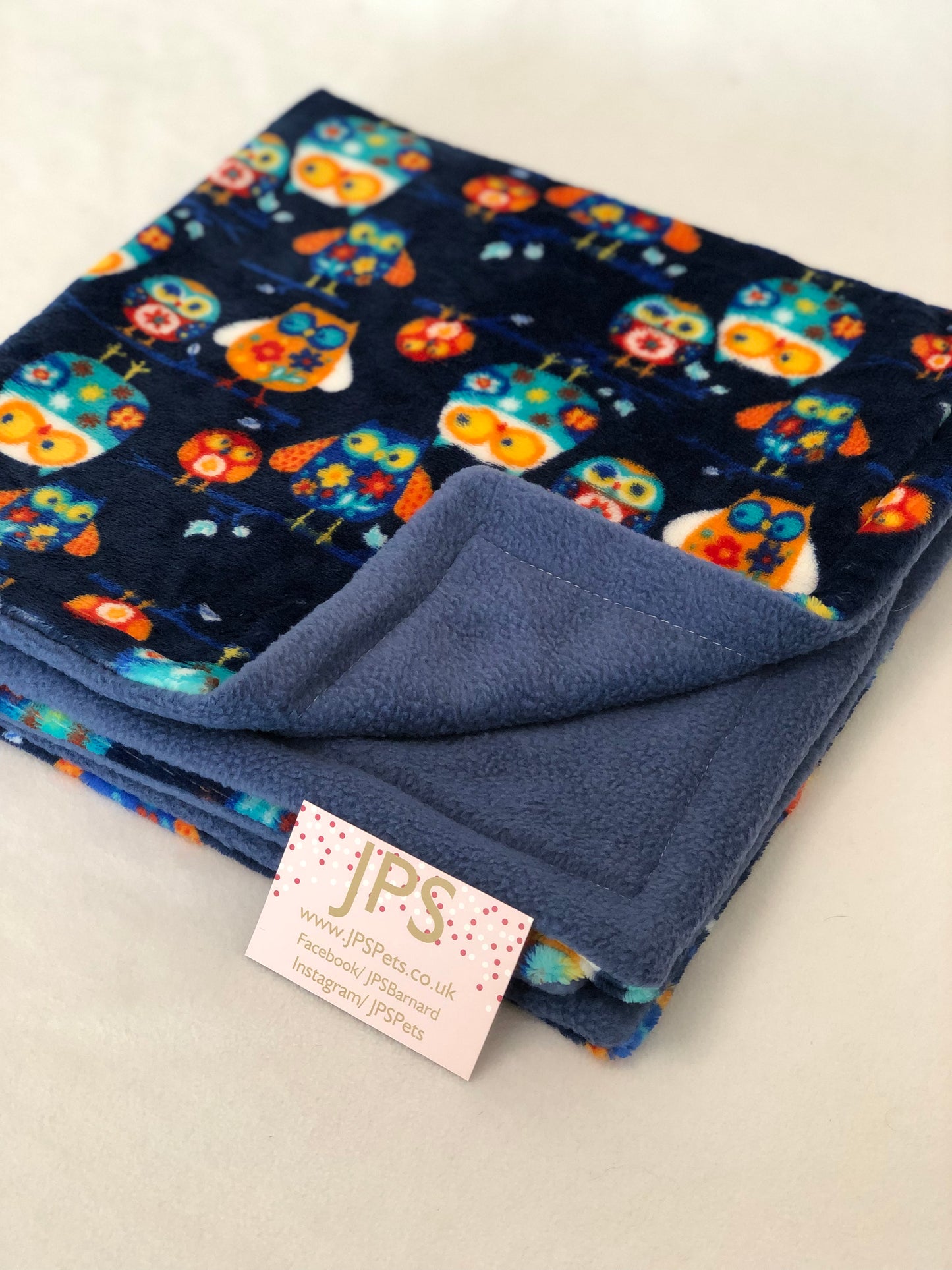 Blanket 28 x 28 inch - Navy Owl cuddle fleece & Denim Blue