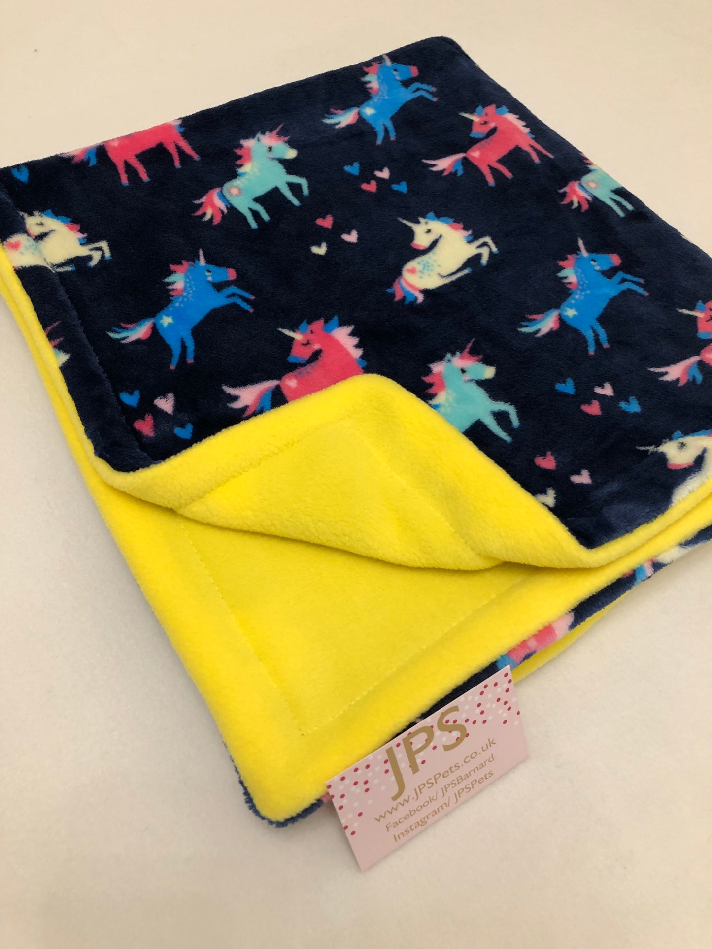 Blanket 28 x 28 inch - navy unicorn cuddle fleece & yellow